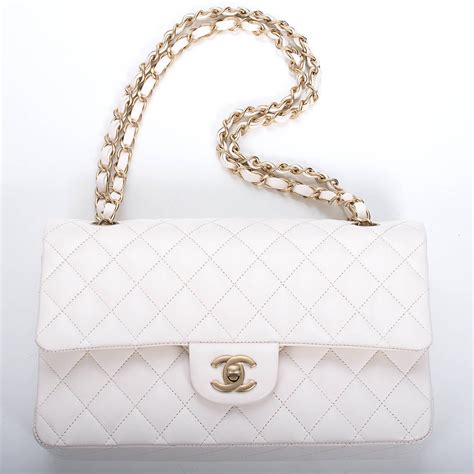 gold white chanel bag|White Chanel classic bag.